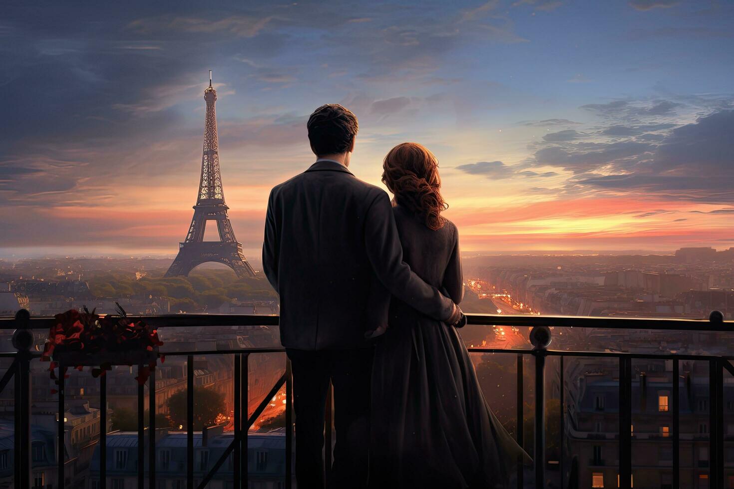 Couple looking at Eiffel Tower at sunset, Paris, France, Once in Paris. couple rear view on the roof against the Eiffel Tower, AI Generated photo