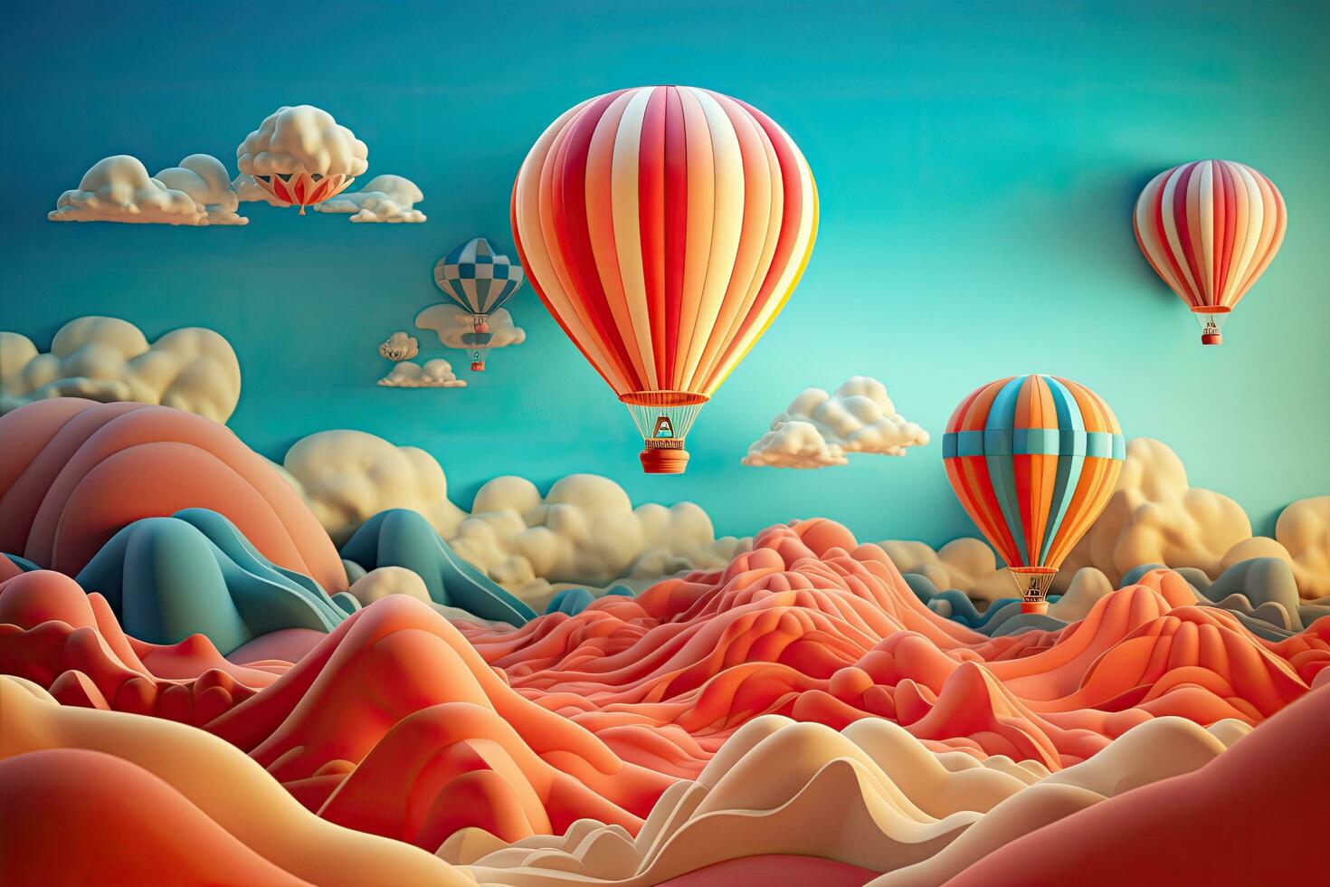 caliente aire globos en el cielo con nubes 3d ilustración, papel Arte estilo de caliente aire globo volador en el cielo, ai generado foto