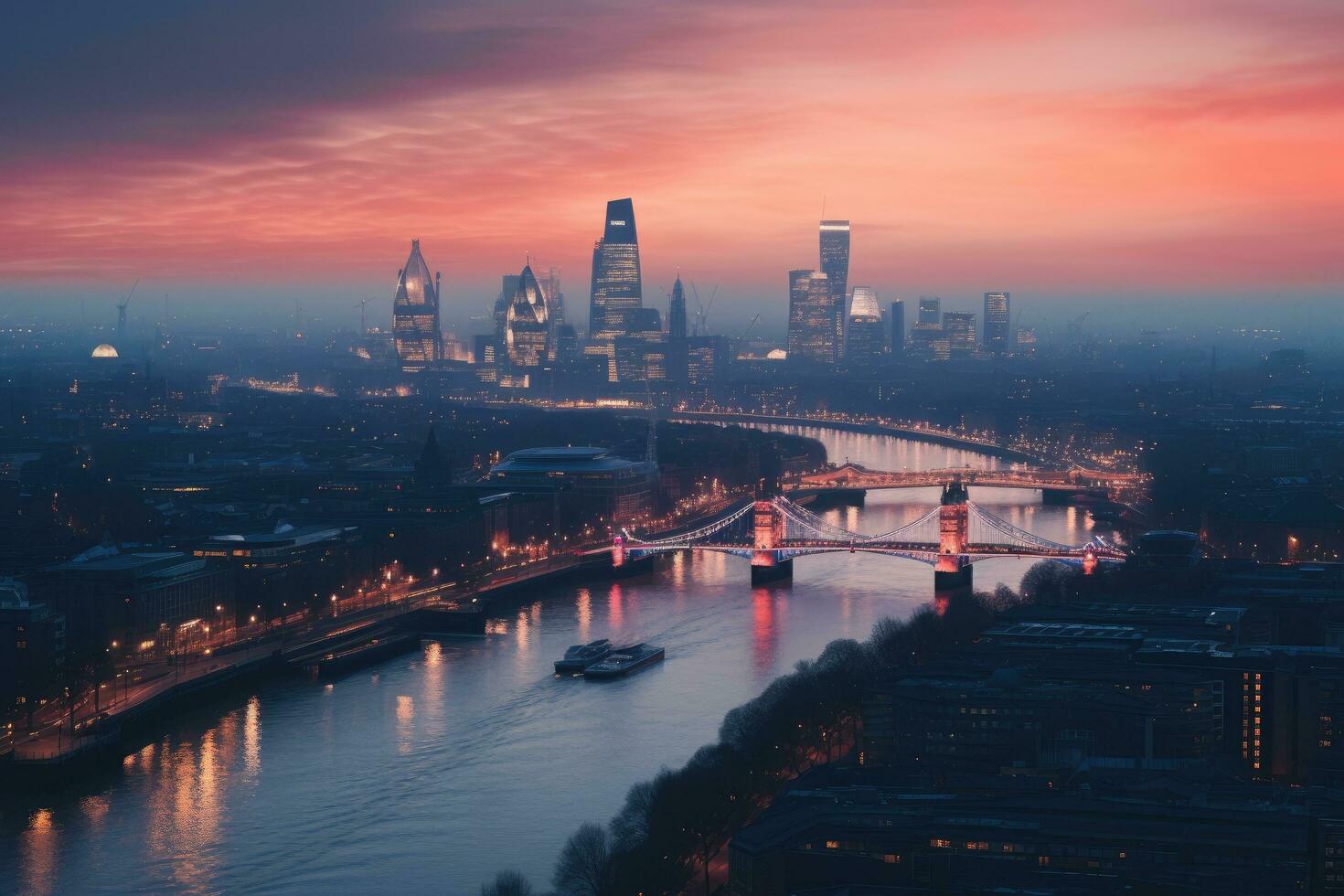 Panoramic view of the city of Frankfurt am Main at sunset, Photo of London skyline at sunrise, AI Generated
