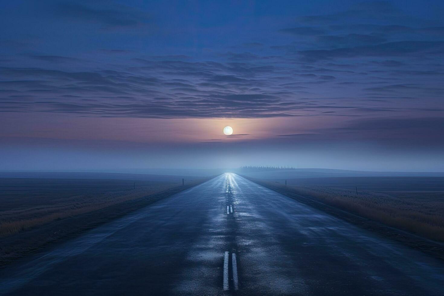 Road in the fog at dawn. The road goes into the distance, Panoramic view of the empty highway through the fields in a fog at night. Moonlight, clear sky. Sunrise. Europe, AI Generated photo