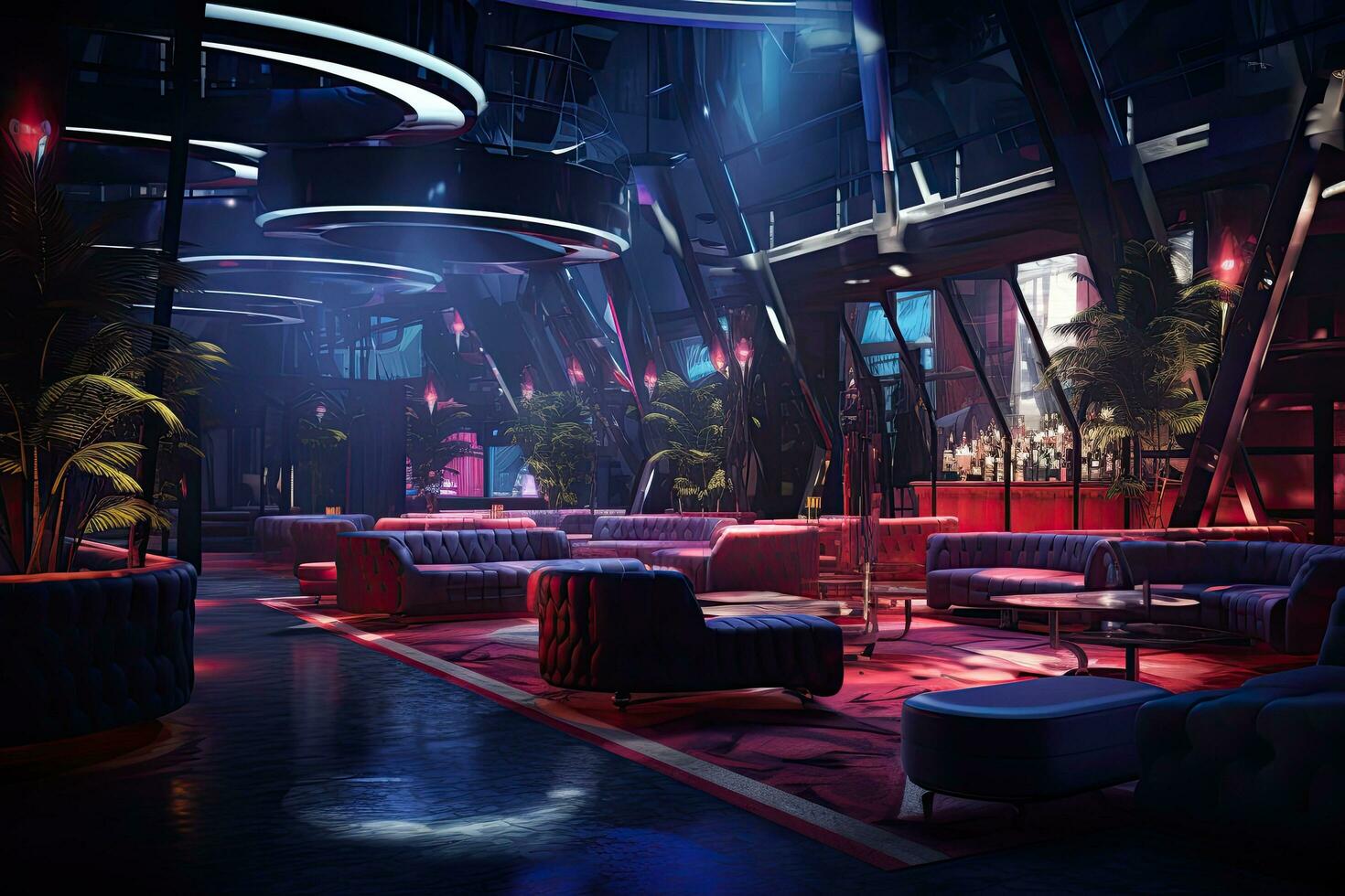 Interior of a night club with red sofa and black armchairs, night club interior, AI Generated photo