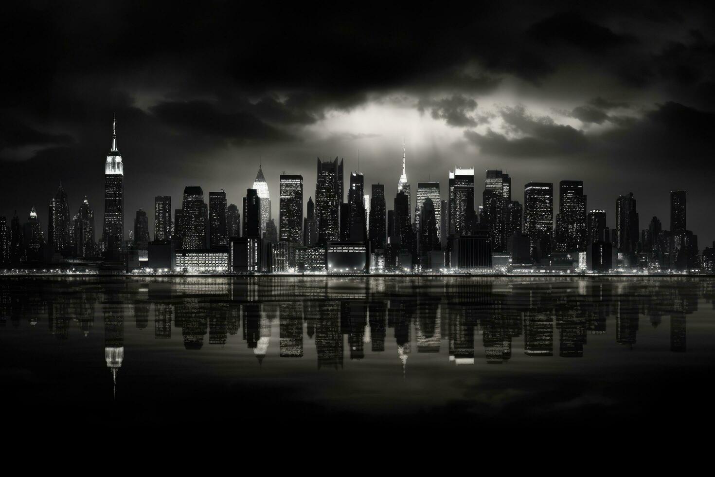 Shanghai skyline at night with reflection in Huangpu river, New York City skyline, AI Generated photo