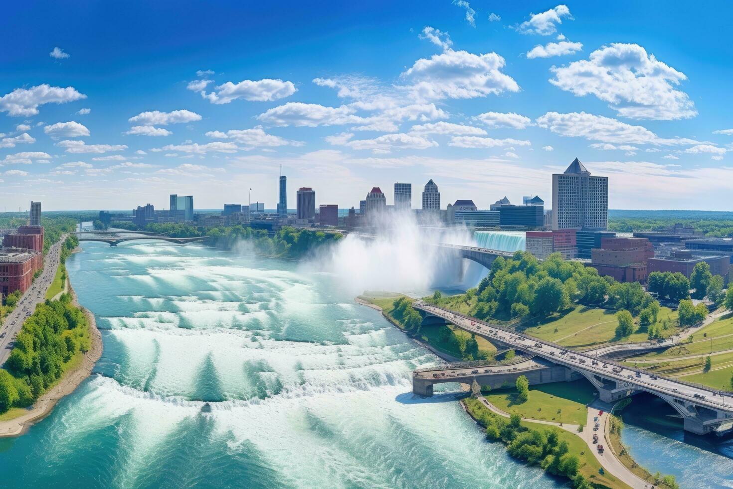 Niagara Falls in summer day, Ontario, Canada. Aerial view, Niagara Falls panoramic view in summer. Ontario, Canada, AI Generated photo