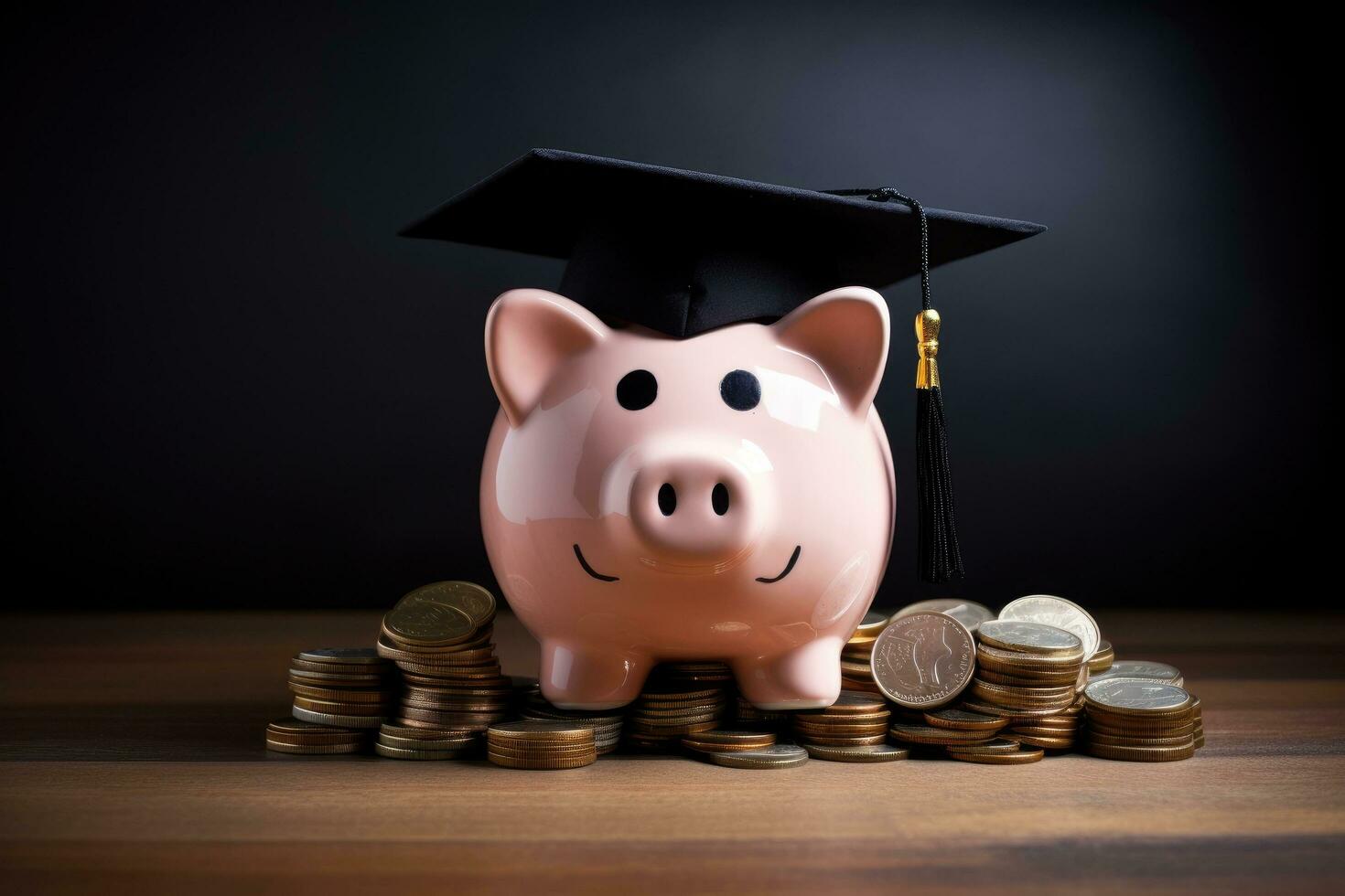 Piggy bank with graduation cap and coins on wooden table, Piggy Bank with Black Graduation Hat with coins, AI Generated photo