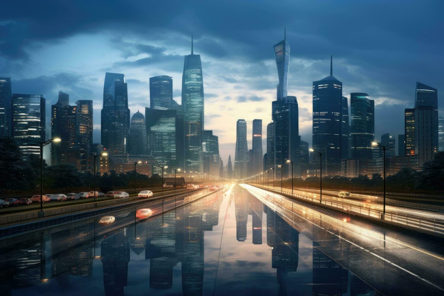 llevar a la fuerza lujiazui Finanzas y comercio zona de el moderno ciudad noche fondo, noche paisaje urbano con edificio y la carretera en Beijing ciudad, ai generado foto