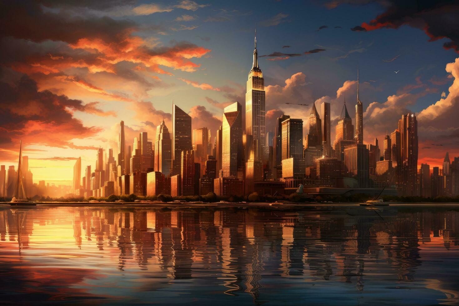 Shanghai skyline with skyscrapers at sunset. 3D rendering, New York city sunset panorama, AI Generated photo