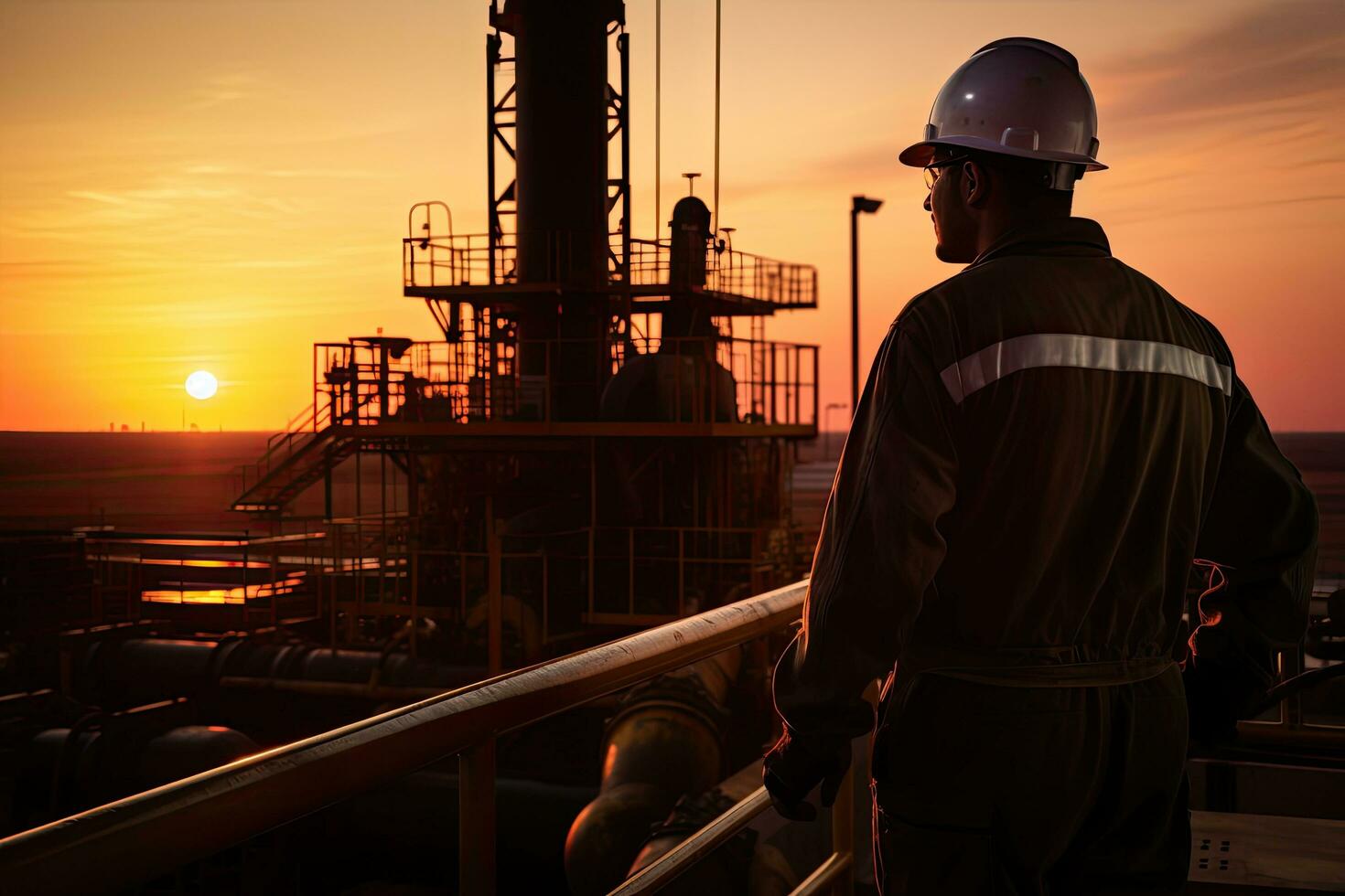 petróleo y gas industria antecedentes. petróleo y gas trabajadores son trabajando en petróleo campo, petróleo plataforma trabajador a atardecer, ai generado foto