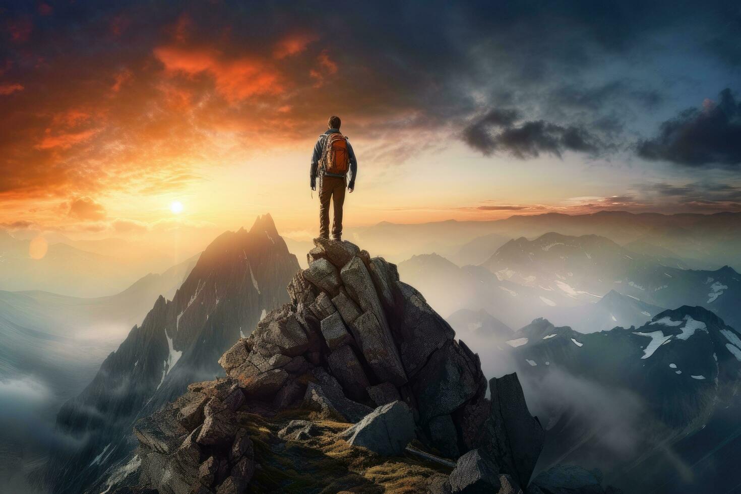 Hiker on top of a mountain with a backpack and looking at the sunrise, Magical Fantasy Adventure Composite of Man Hiking on top of a rocky mountain peak. Background Landscape from, AI Generated photo