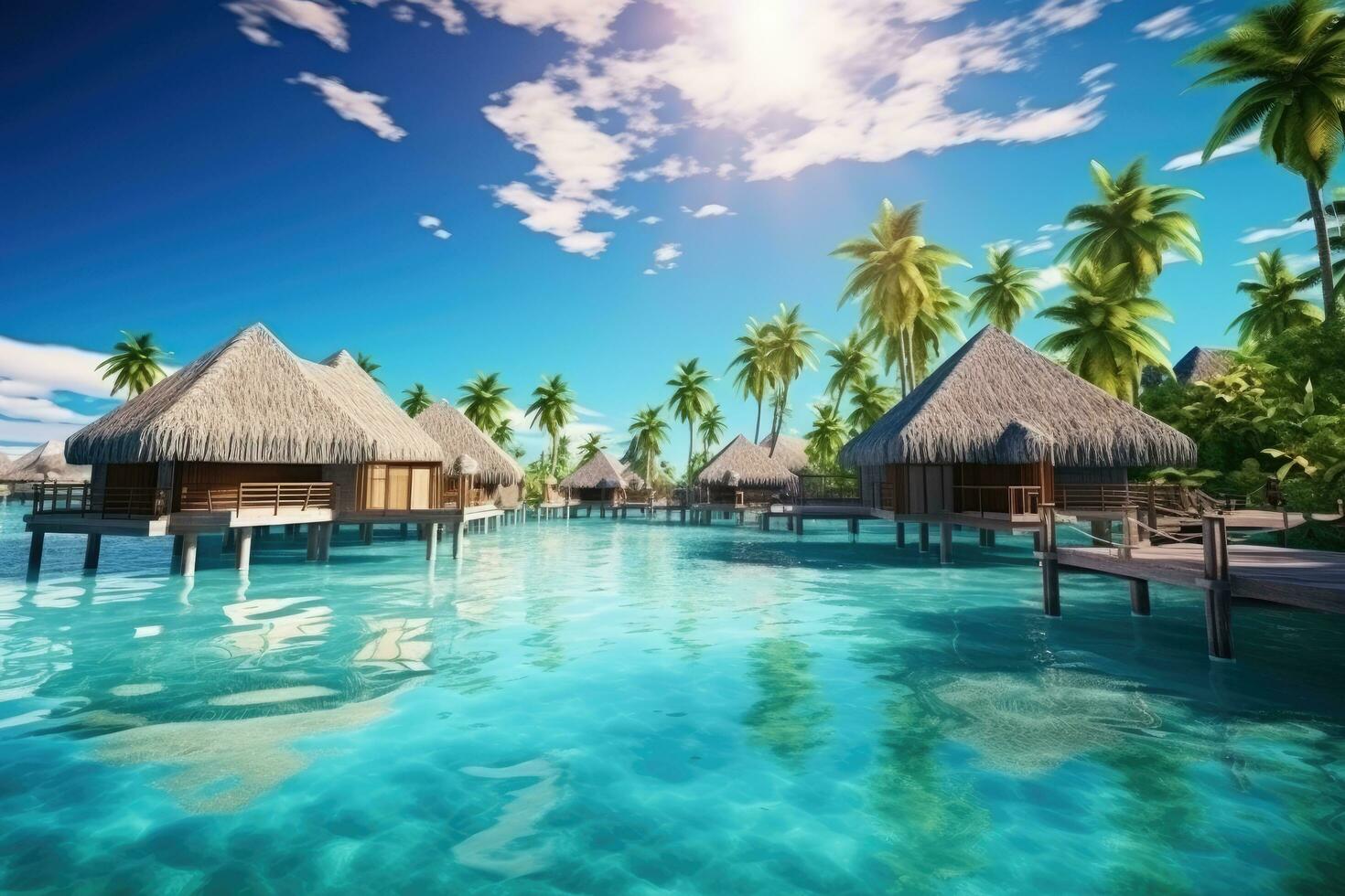Beautiful beach with water bungalows at Maldives. 3D rendering, Luxury travel vacation destination panoramic banner. Romantic honeymoon getaway in overwater bungalows villas, AI Generated photo