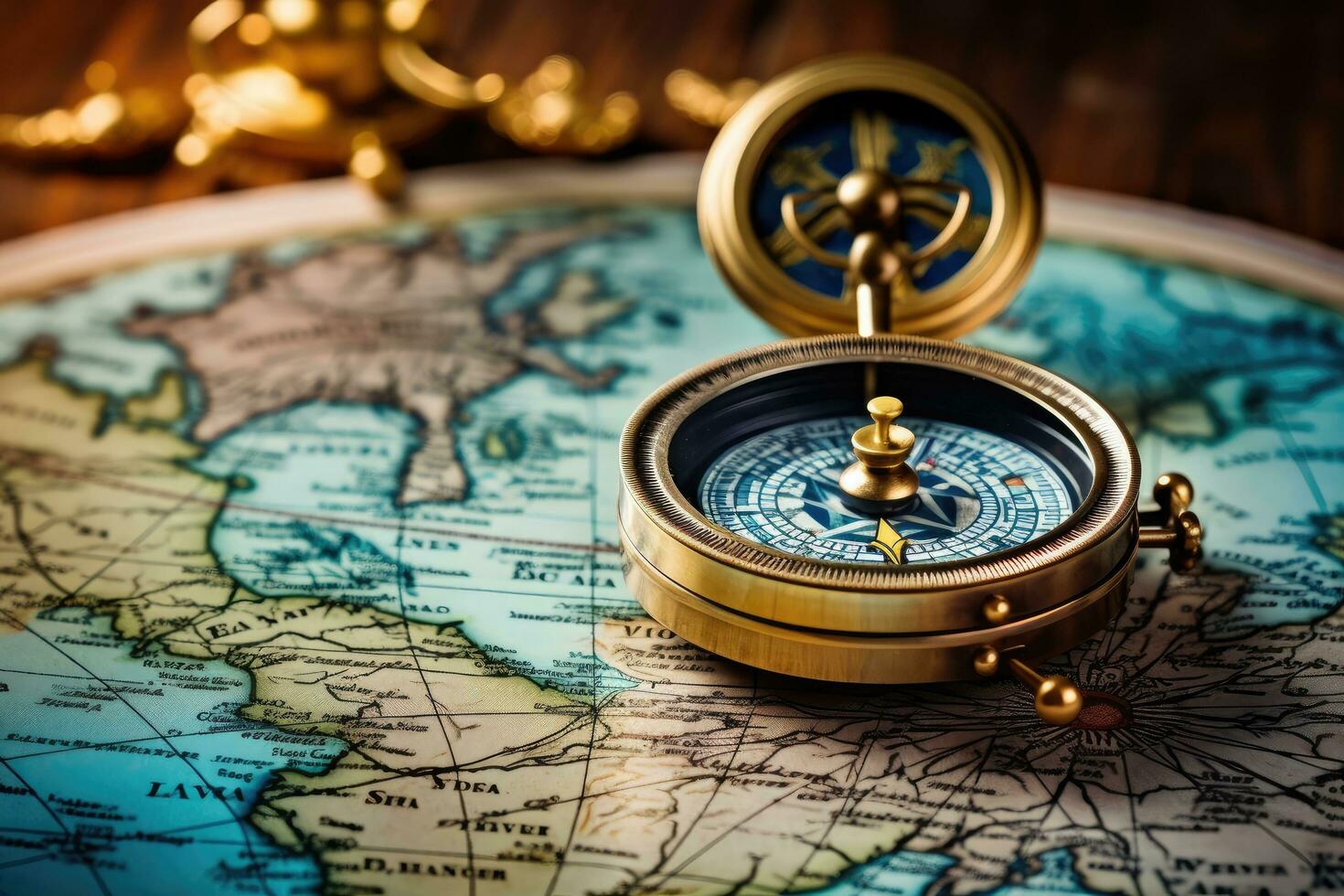 Compass on the old map of the world. Vintage style, Magnetic compass on world map.Travel, geography, navigation, tourism and exploration concept, AI Generated photo