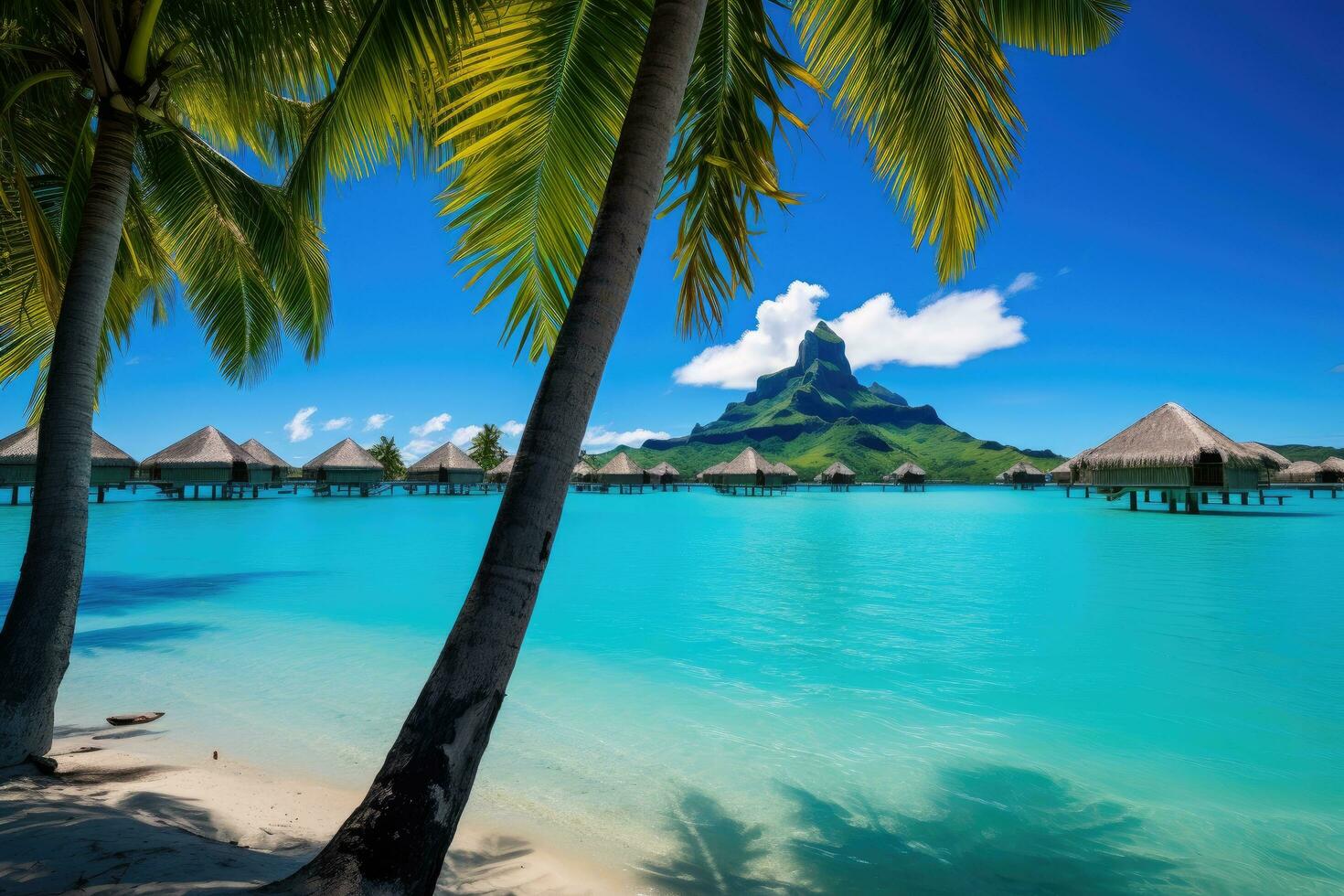 Tropical island with water bungalows and coconut palm trees, Luxury overwater villas with coconut palm trees, blue lagoon, white sandy beach at Bora Bora island, Tahiti, French, AI Generated photo