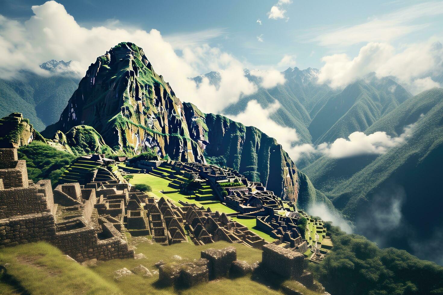 machu picchu restos en Perú, sur America. 3d representación, machu picchu, Perú, ai generado foto