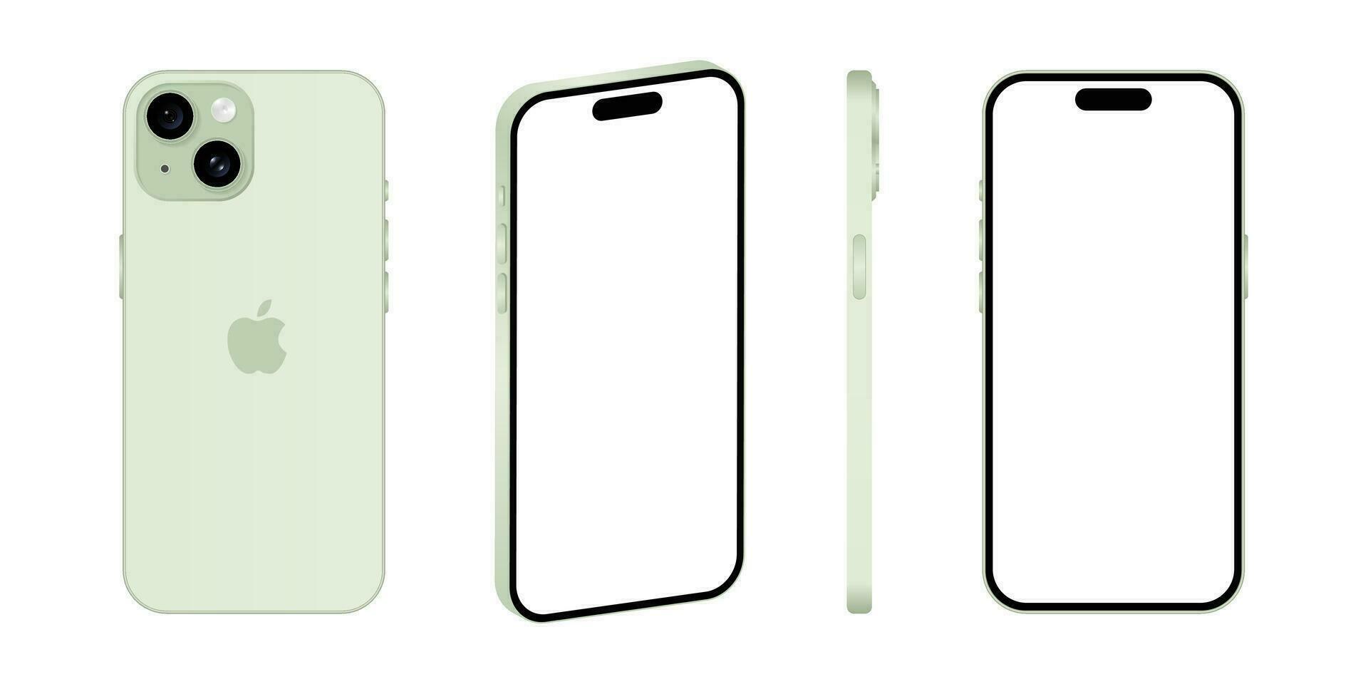 Iphone 15 model. Green color. Front view, side view and back view. Vector mockup. Vector illustration