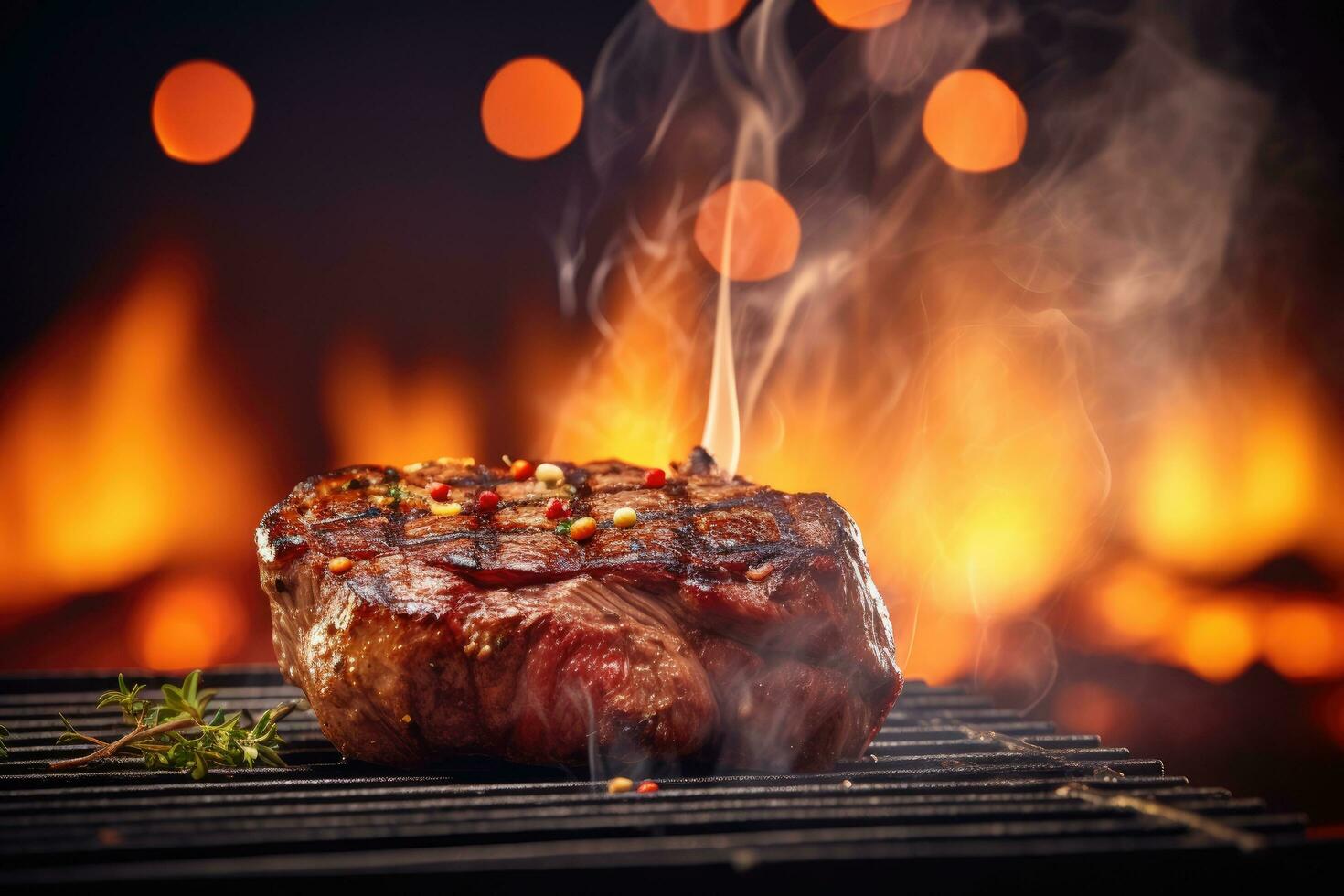 Grilled beef steak on barbecue grill with flames and fire on background, Grilled steak on barbecue grill with flames and bokeh background, AI Generated photo