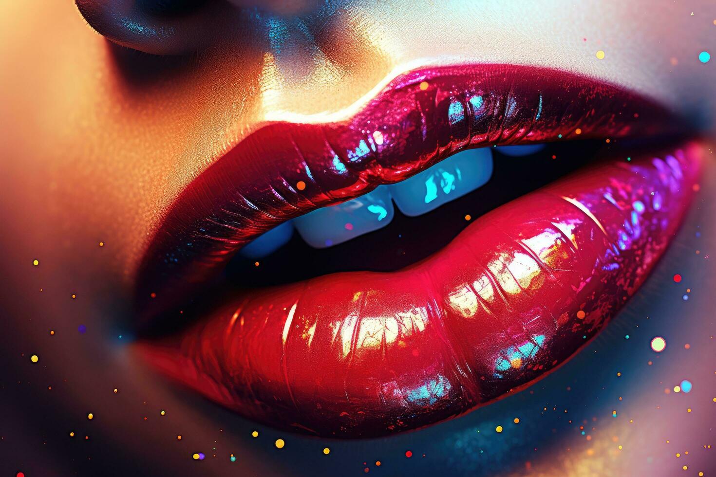 Closeup of beautiful female lips with bright makeup. Fashion shot, ultra close up ai generated illustration of a woman's lips with vivid lipstick with glitter, AI Generated photo