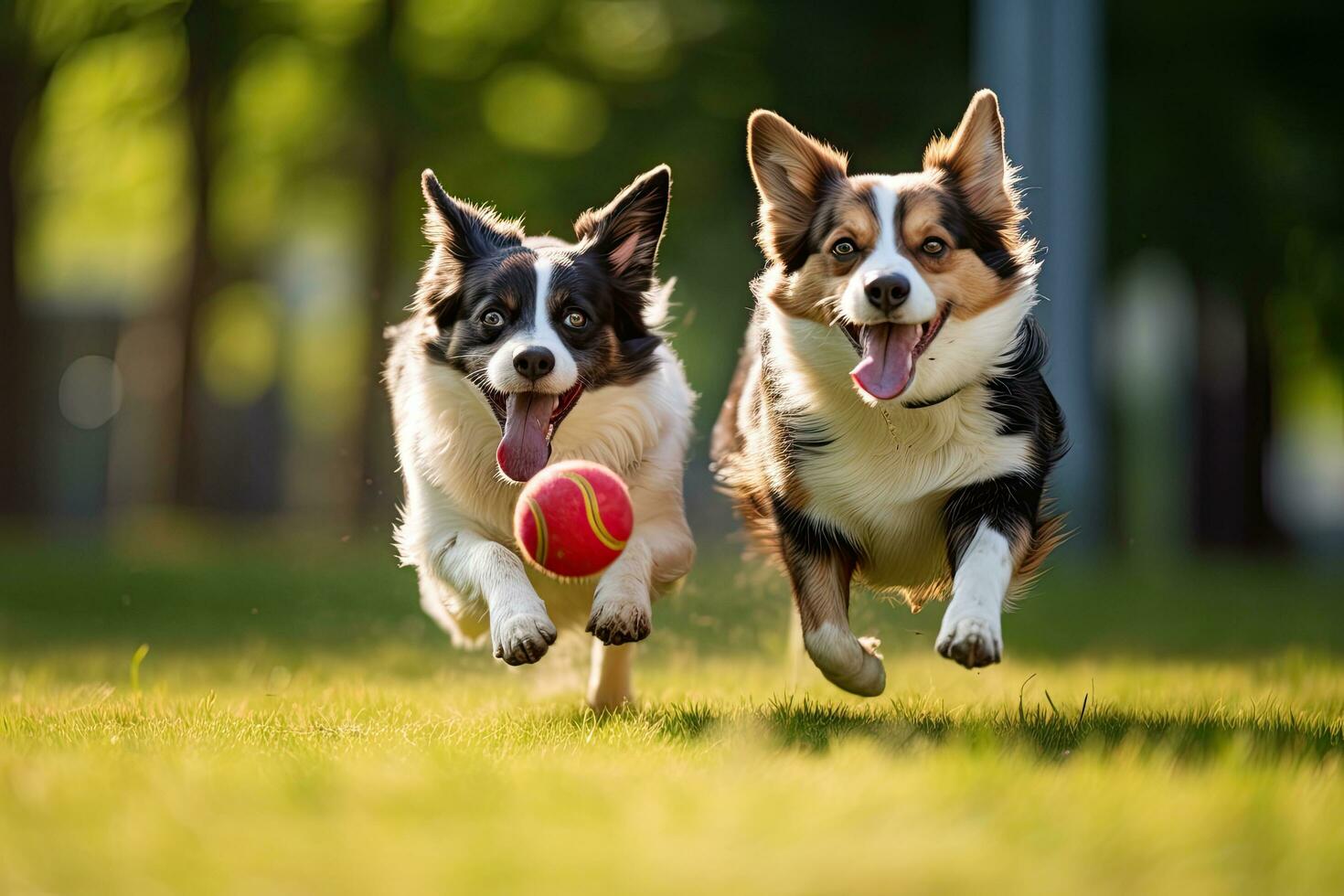 dos galés corgi perros corriendo con un pelota en el boca, dos perros corriendo con rojo pelota en boca en verde césped en parque, ai generado foto