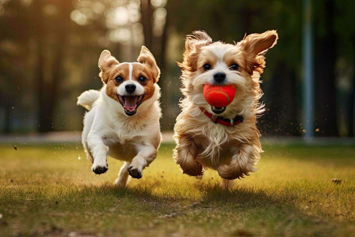 dos perros corriendo en el parque con un rojo pelota en su dientes, dos perros corriendo con rojo pelota en boca en verde césped en parque, ai generado foto