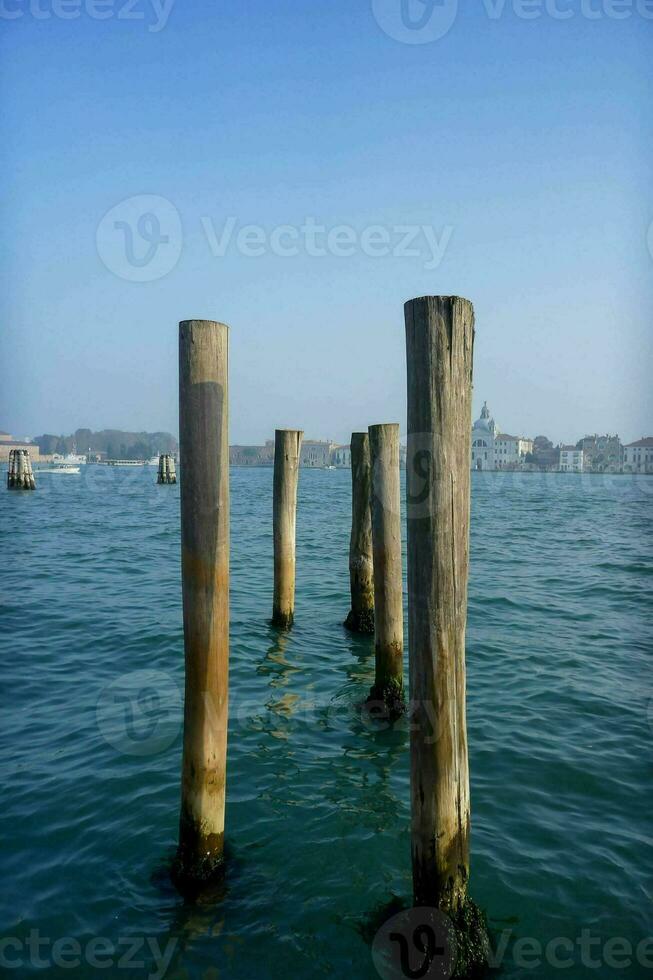 Wooden poles in the sea photo