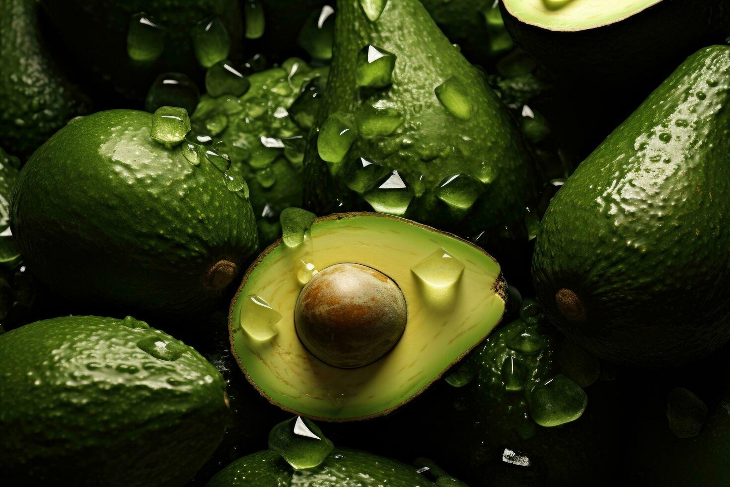 Fresh avocados with water drops, closeup. Tropical fruits, Natures Green Gems A Captivating Snapshot of Avocado, AI Generated photo