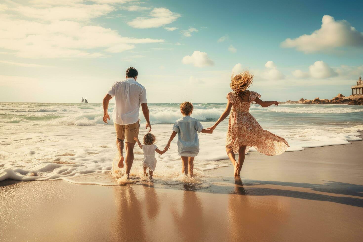 contento familia de cuatro teniendo divertido en el playa. joven padres con su niños caminar a lo largo el mar costa, posterior ver contento joven familia correr y saltar en verano playa, ai generado foto