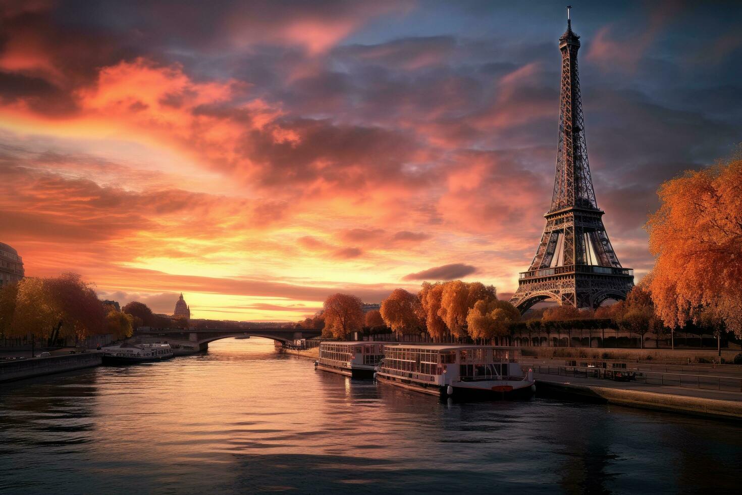 Eiffel Tower and River Seine at sunset, Paris, France, The Eiffel Tower and the Seine river at sunset, AI Generated photo