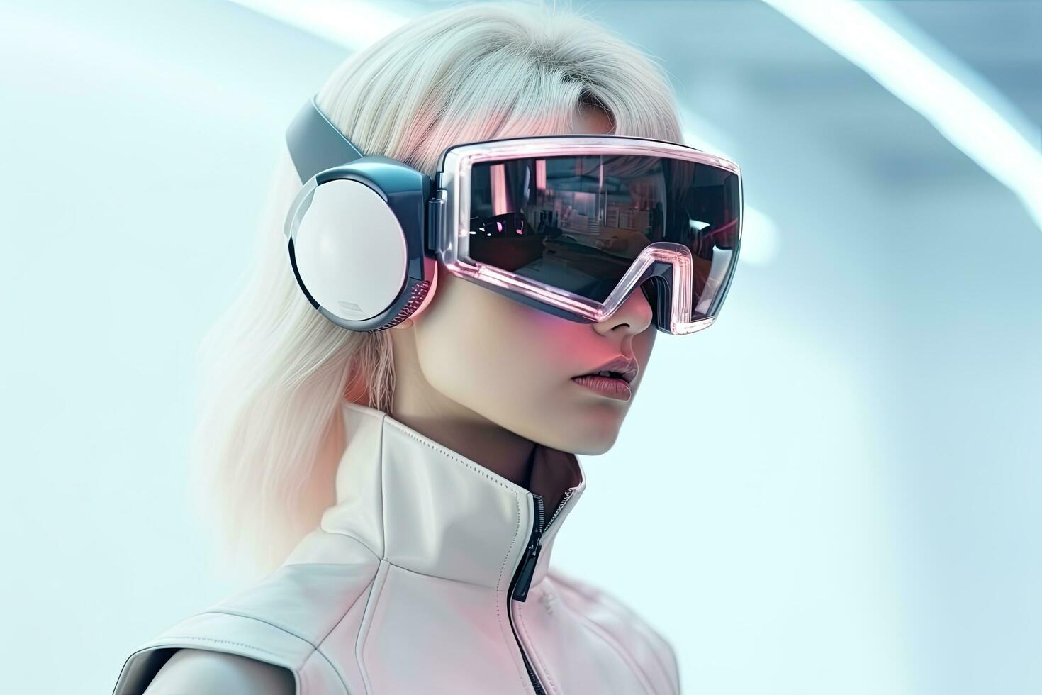 3d representación de un hembra robot en futurista lentes y auriculares, retrato de futurista niña vistiendo virtual realidad gafas de protección. 3d representación, ai generado foto