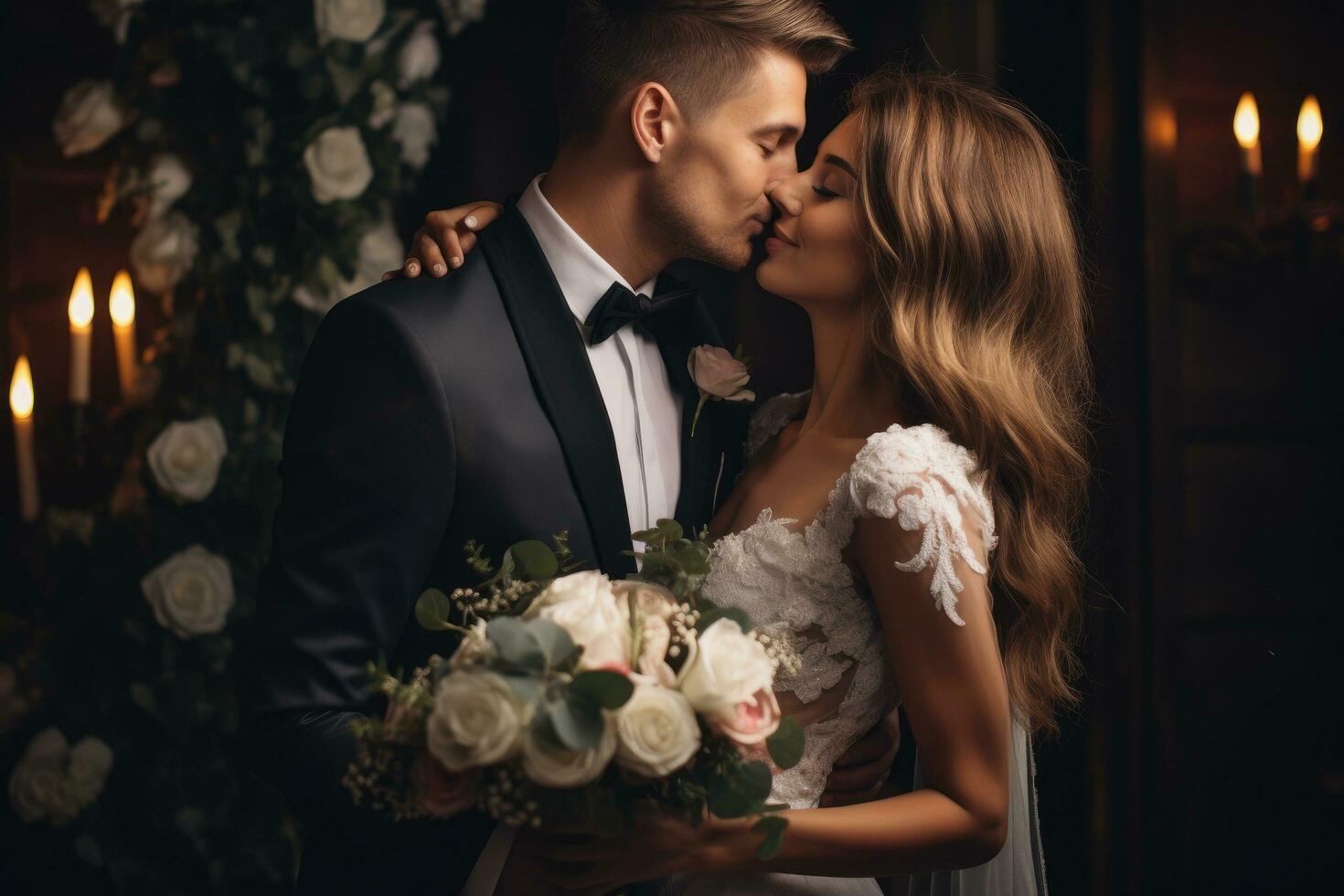 Wedding couple in love. Bride and groom kissing and hugging, The groom kisses his sweetheart bride at their wedding after ceremony. Wedding day, AI Generated photo