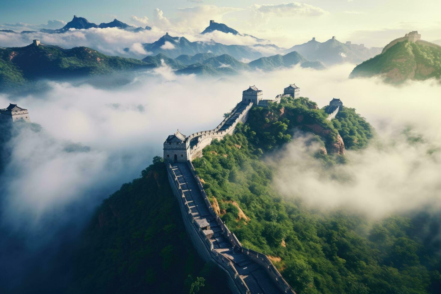 el genial pared de China en el Mañana con niebla y nubes, el genial pared de China en el niebla , acostado largo, surrealista ver desde zumbido fotografía, 8k , ai generado foto