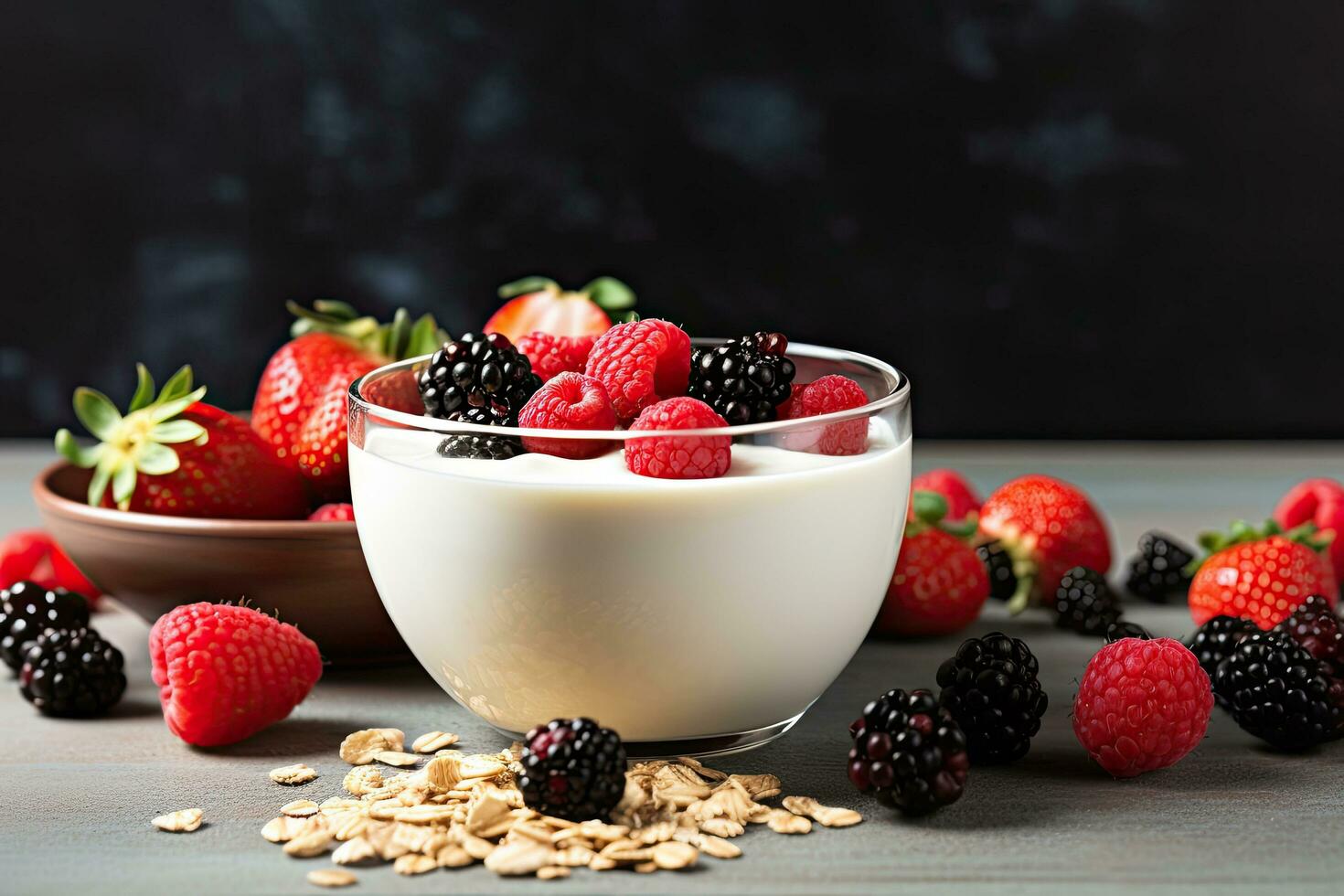 Yogurt with fresh berries in glass bowl on grey wooden table, Healthy breakfast bowl with oat granola, berries and milk, AI Generated photo