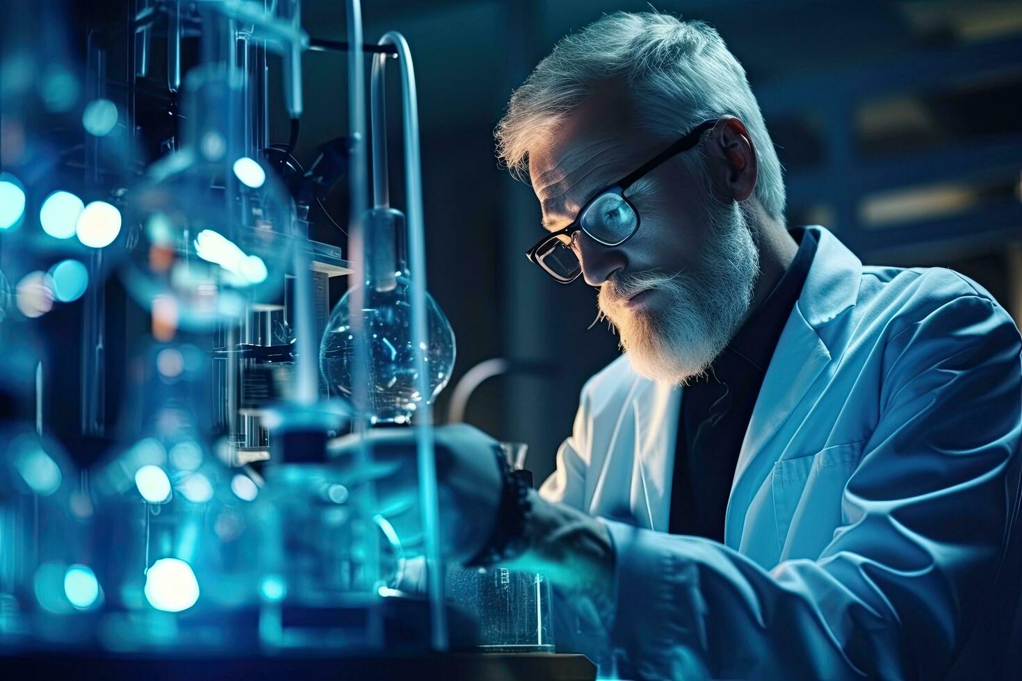 científico trabajando en laboratorio. confidente maduro hombre en lentes y laboratorio Saco trabajando con reactivos mientras en pie en laboratorio, el médico de médico ciencias trabajos en un laboratorio, ai generado foto