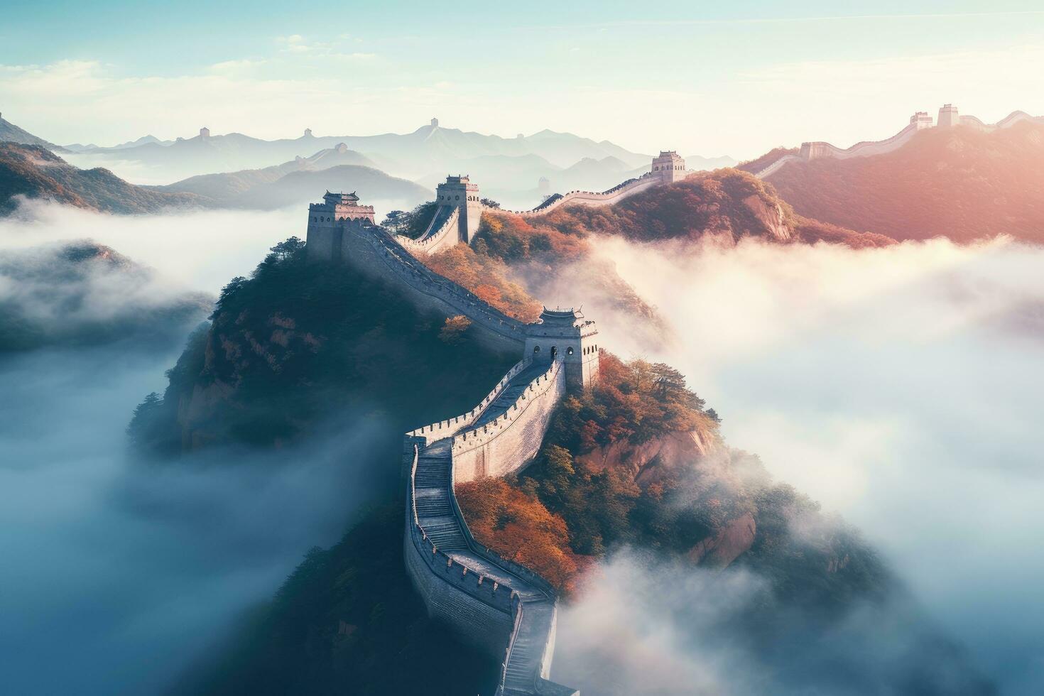 The Great Wall of China in the morning mist,panoramic view, The Great Wall of China in the mist , lying long, surrealist view from drone photography, 8k , AI Generated photo