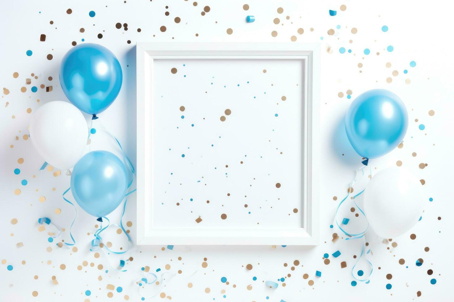 Blue and white balloons, confetti and frame on white background. Flat lay, top view, copy space, White frame on white background with blue balloons and confetti, AI Generated photo