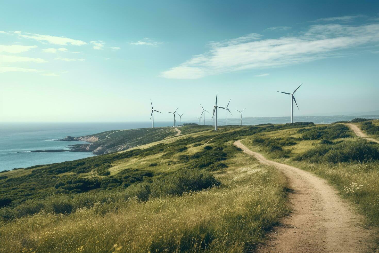 viento turbinas en un duna en el sur de Inglaterra, Reino Unido, ver desde capa kaliakra a un costa afuera viento granja en Bulgaria, ai generado foto