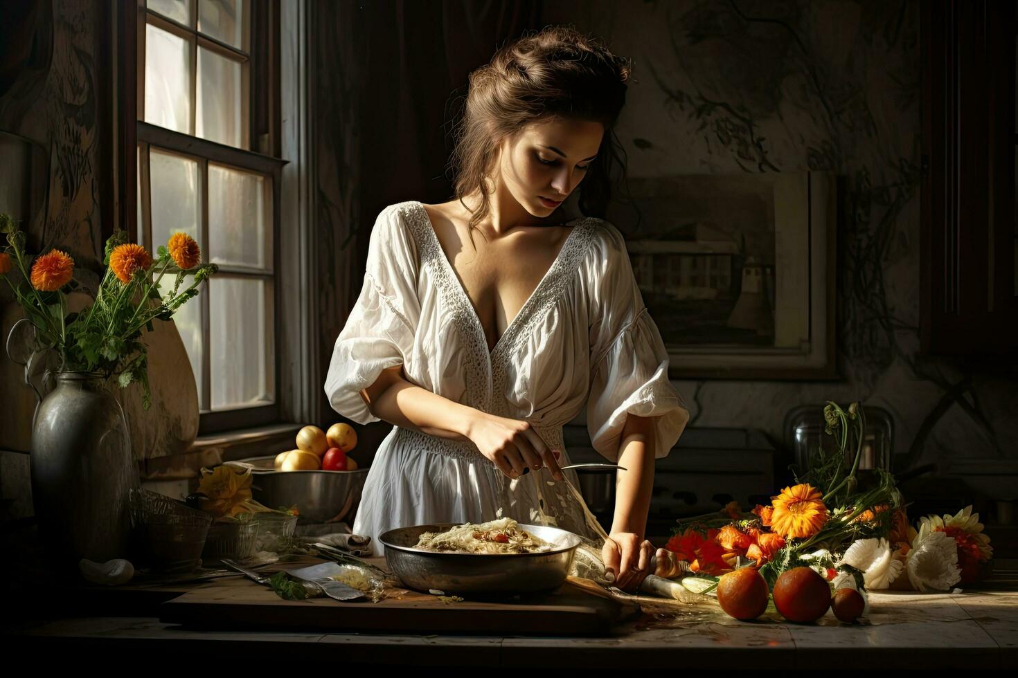 hermosa joven mujer Cocinando pasta en el cocina a hogar. sano comida concepto, mujer es preparando apropiado comida, ai generado foto
