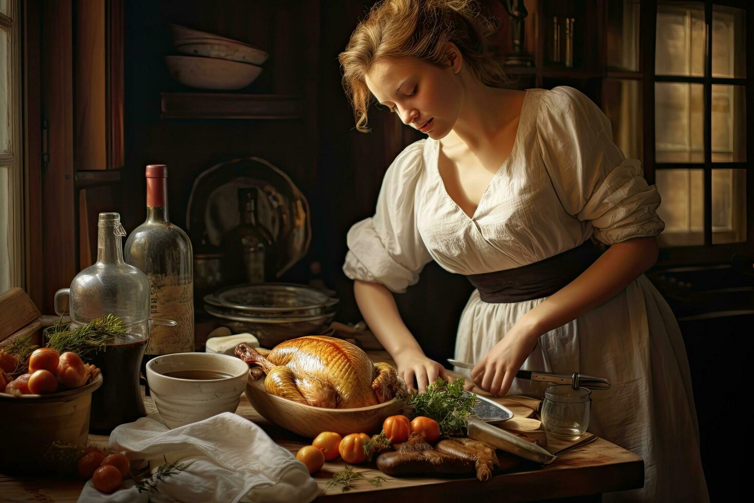 Beautiful young woman cooking turkey in the kitchen. Rustic style, woman is preparing proper meal, AI Generated photo