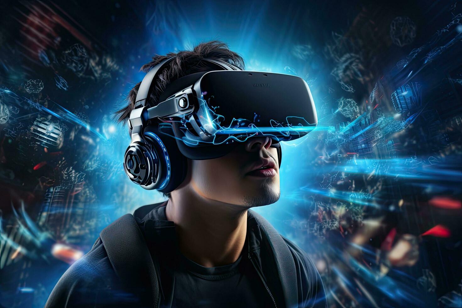 Young man wearing virtual reality goggles against technology background. 3D rendering, Young man rear view with virtual reality headset or 3d glasses. Mixed media, AI Generated photo