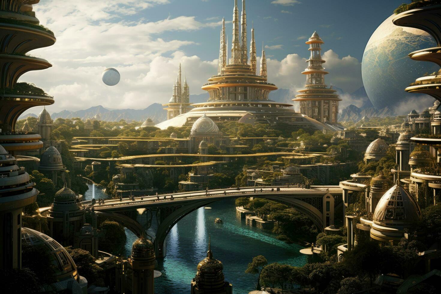 Fantasy Landscape. Panorama of the city and river, Utopian civilisation, utopic city, future of humanity, architecture of tommorow, utopic world, AI Generated photo