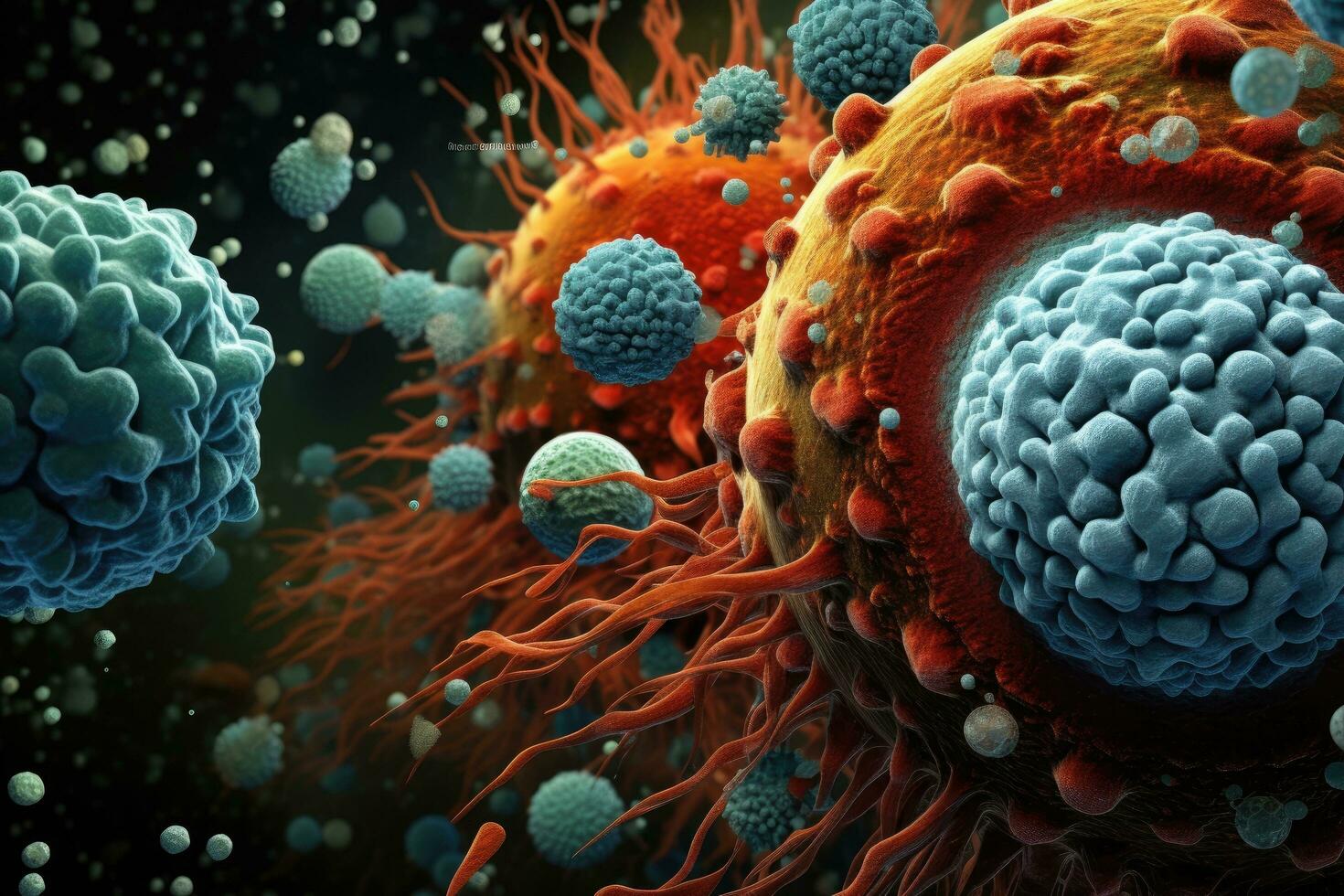3d render of virus in abstract background. Virus cells close up, Witness the immune system's fight against pathogens in stunning imagery, AI Generated photo