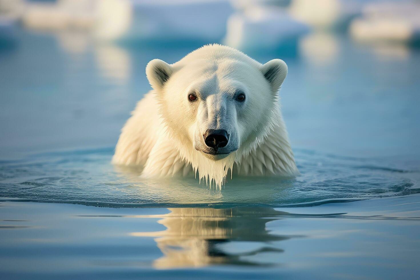 Polar bear Ursus maritimus swimming in the water, A whimsical image of a stranded polar bear, stranded on a barren island. The bear stands surrounded by the beautiful, AI Generated photo