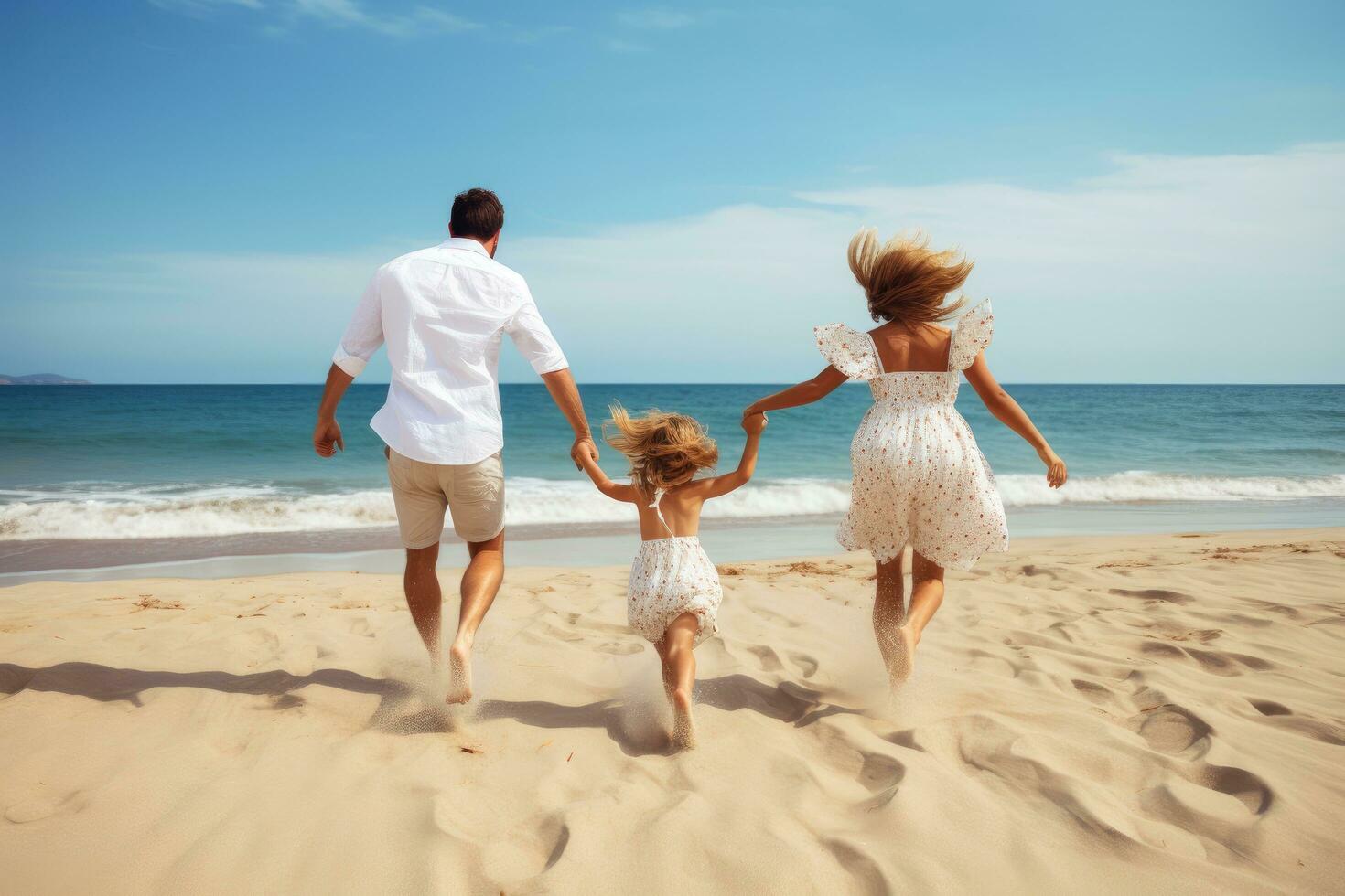 contento joven familia en blanco ropa tener divertido a vacaciones en hermosa playa, posterior ver contento joven familia correr y saltar en verano playa, ai generado foto