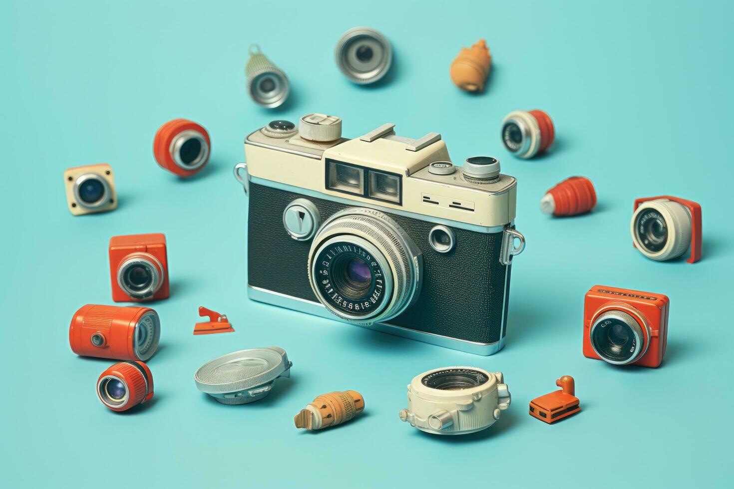 Retro camera and film on blue background. Vintage style toned picture, Vintage camera and stickers with fails on blue background, AI Generated photo