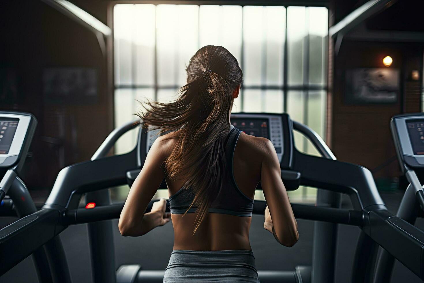 Rear view of young sporty woman running on treadmill in gym, Woman running on treadmills at the gym, top section cropped, no face revealed, rear view, no deformation, AI Generated photo