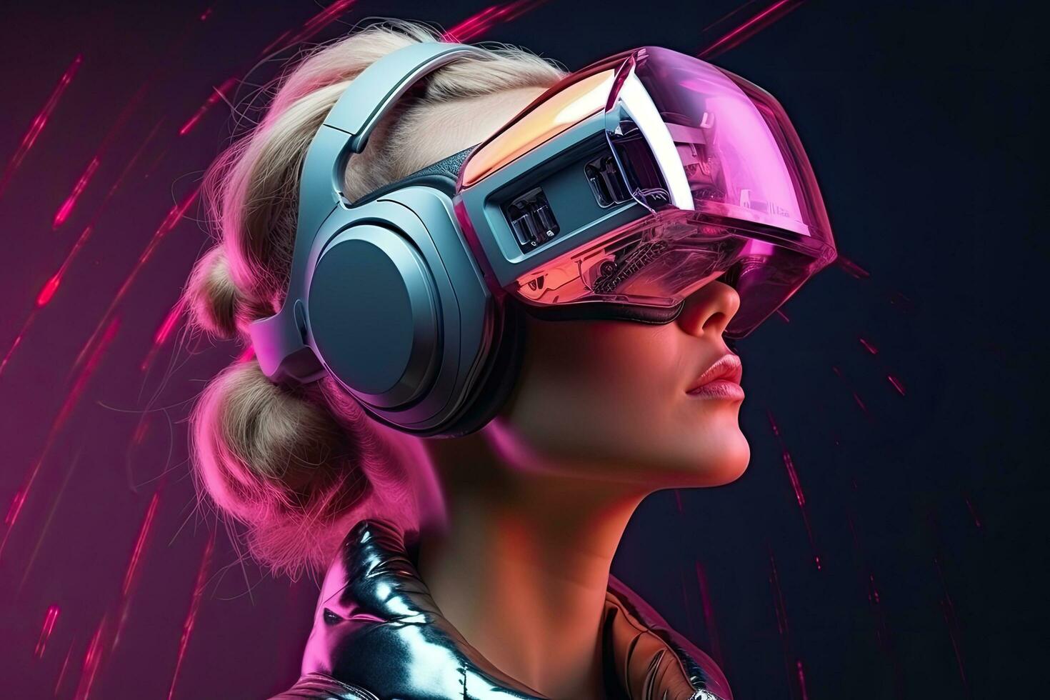 3d ilustración de un hermosa joven mujer vistiendo virtual realidad anteojos, retrato de futurista niña vistiendo virtual realidad gafas de protección. 3d representación, ai generado foto