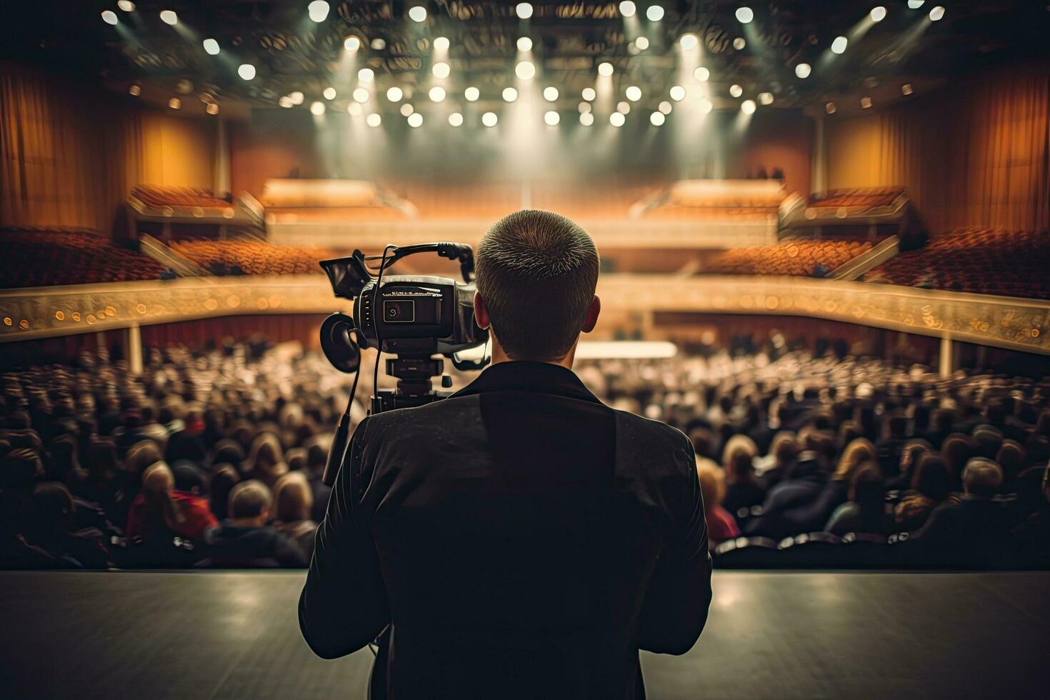 Rear view of a man with a professional video camera in the auditorium, rear view of a cameraman with a professional digital camera in front of a conference hall, AI Generated photo