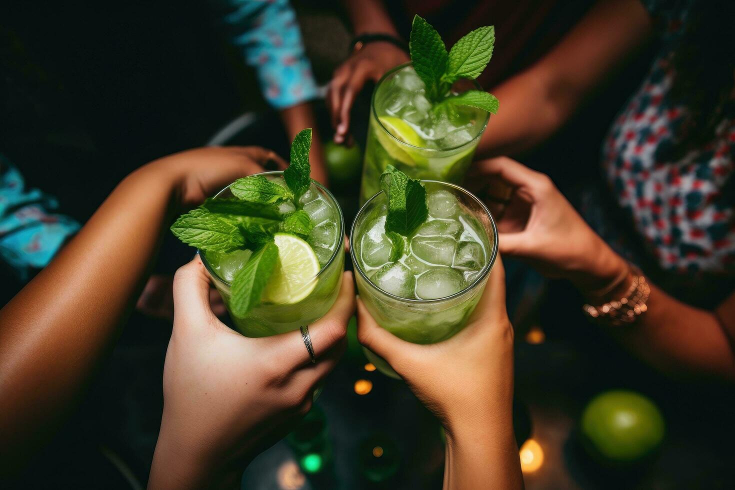 Close-up image of female hands holding glasses with mojito cocktails, Happy friends group cheering mojito drinks at cocktail bar restaurant, top view, no face, AI Generated photo