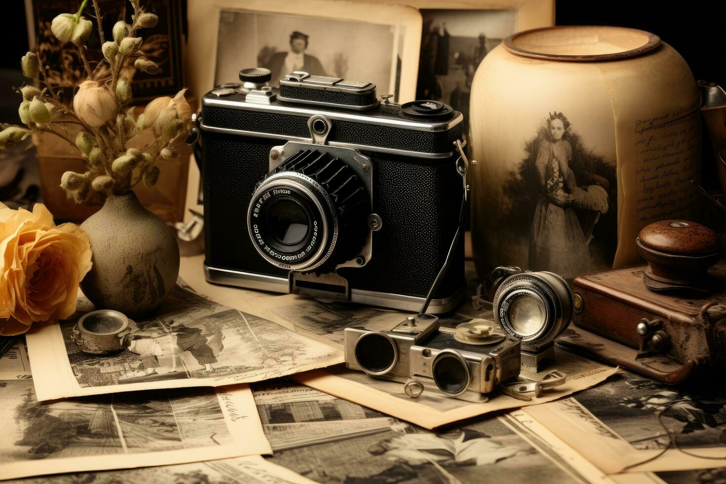 Vintage camera, old photos and a candle on a dark background, Vintage Camera And Old Photographs, AI Generated