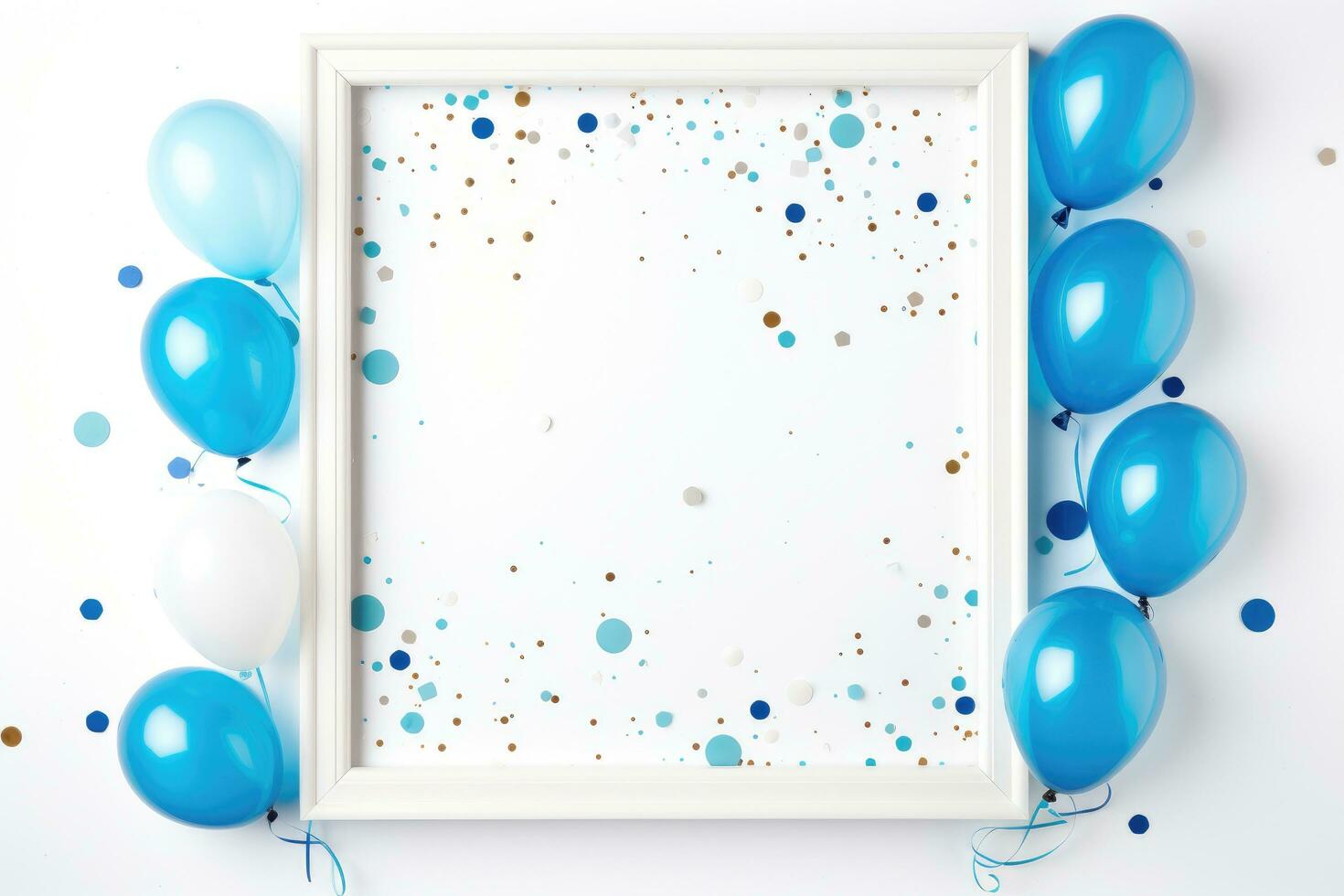 White frame with blue balloons and confetti on white background, top view, White frame on white background with blue balloons and confetti, AI Generated photo