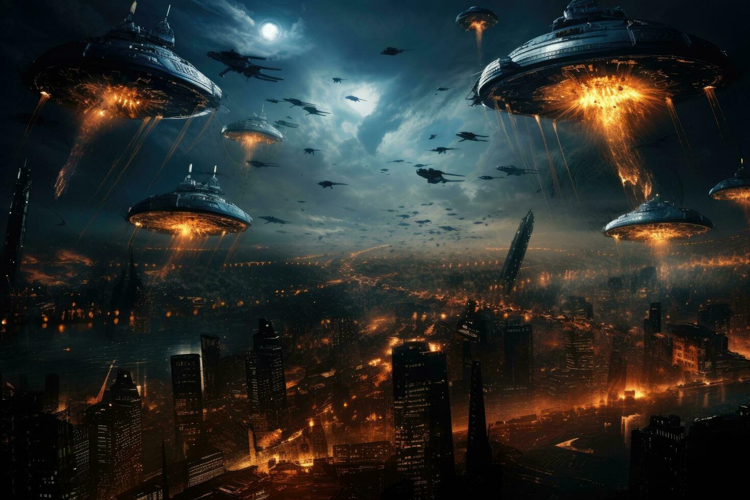 Flying saucers over city at night. Mixed media. Mixed media, war of the world with gigantic spaceships above a city, tentacles hanging down from the saucer-shaped spaceships, AI Generated photo