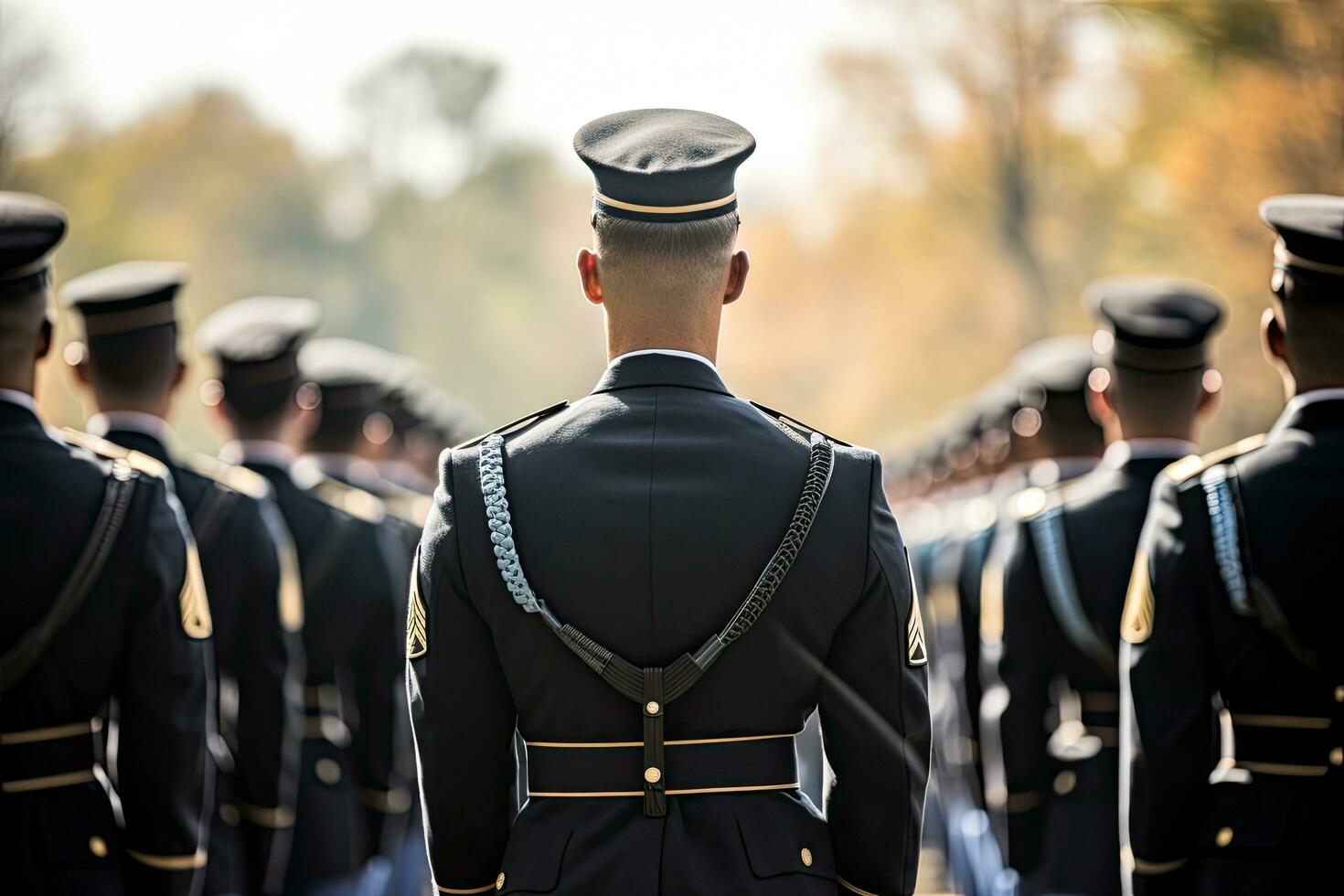 posterior ver de un fila de soldados durante un militar ceremonia, nosotros soldados en pie en un formación en un ceremonia, posterior vista, parte superior sección recortado, ai generado foto