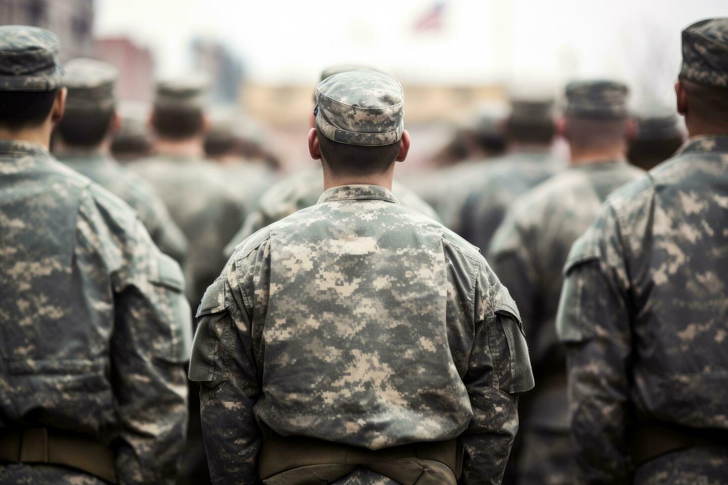 Soldiers of the US Army on the background of the city, US soldiers standing in a formation on a ceremony, rear view, top section cropped, AI Generated photo